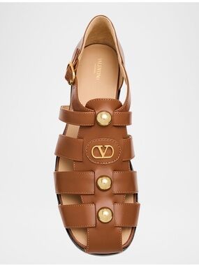 Valentino Brown Leather Logo-Strap fisherman Sandal with Gold Accents